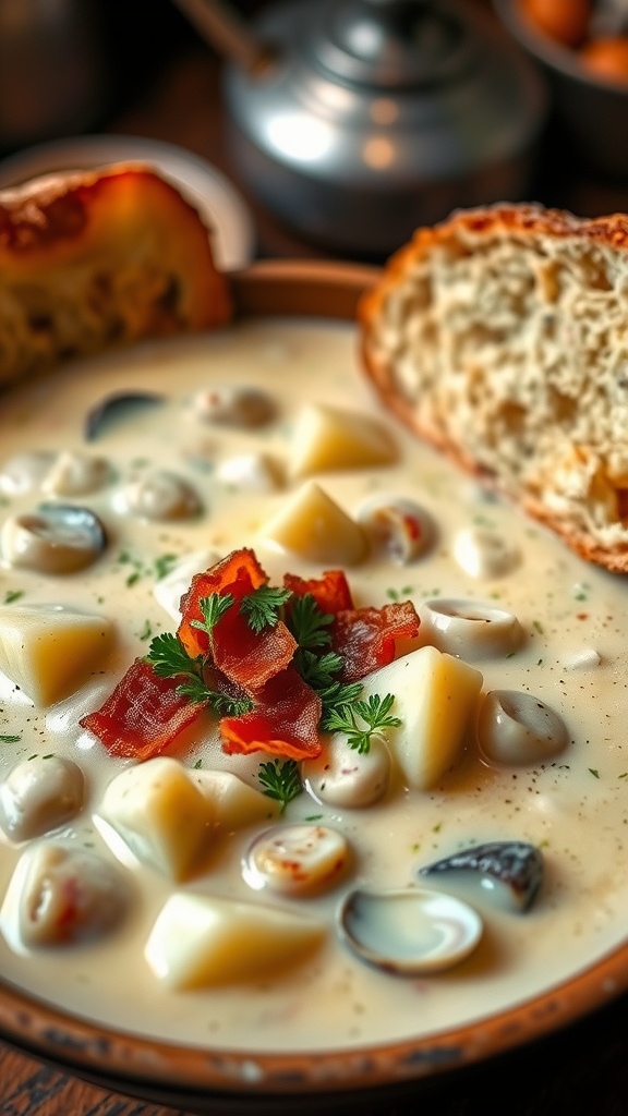 A bowl of rich New England clam chowder with potatoes and bacon, garnished with parsley and a slice of bread on a kitchen table.